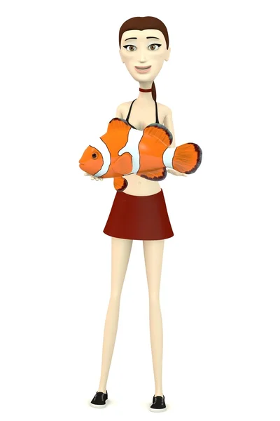 3d renderização de desenho animado menina com anêmona peixe — Fotografia de Stock