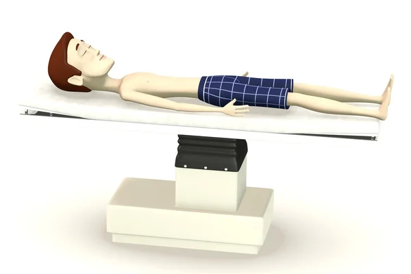 3D візуалізація мультиплікаційного персонажа на хірургічному ліжку — стокове фото