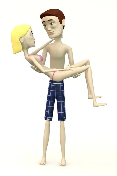 3d render of cartoon swimmer carrying women — Stock Photo, Image