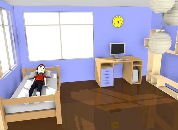 3d renderização de menino no quarto azul — Fotografia de Stock