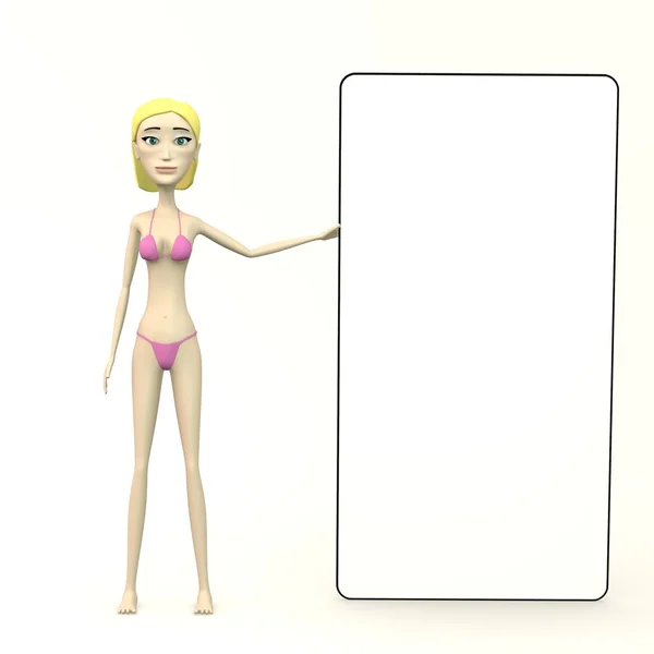 3d render of cartoon female swimmer with empty board — Stock Photo, Image