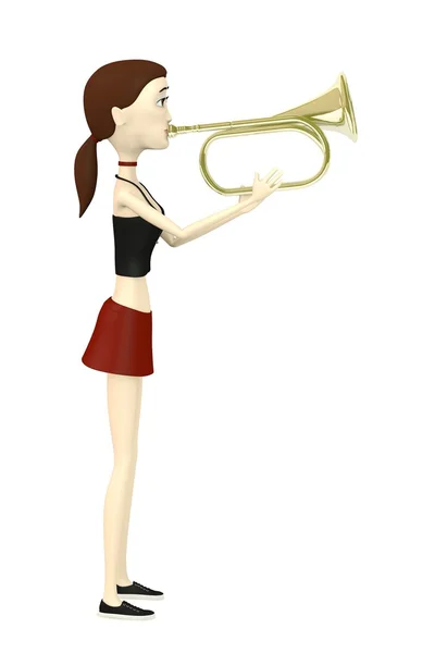 Çizgi film karakteri üzerinde pirinç trompet çalmaya 3D render — Stok fotoğraf