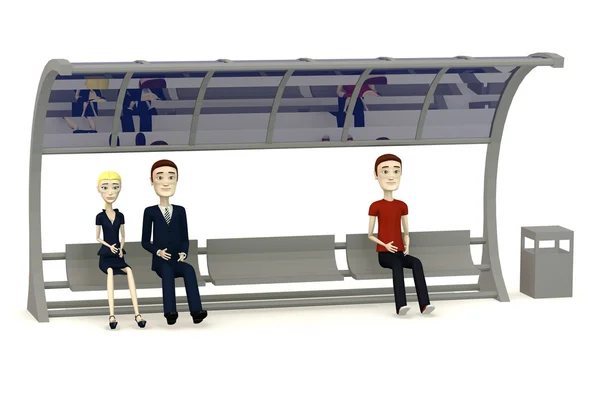 3D καθιστούν του καρτούν χαρακτήρα περιμένει στην στάση λεωφορείου — Φωτογραφία Αρχείου