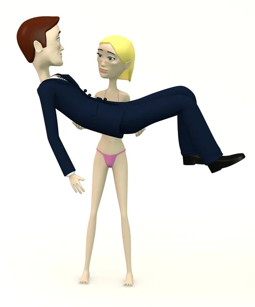 3d render of cartoon woman carrying man — Stock Photo, Image