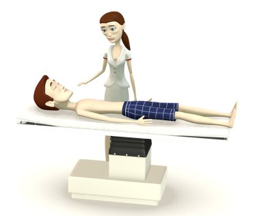 çizgi film karakteri cerrahi yatakta 3D render