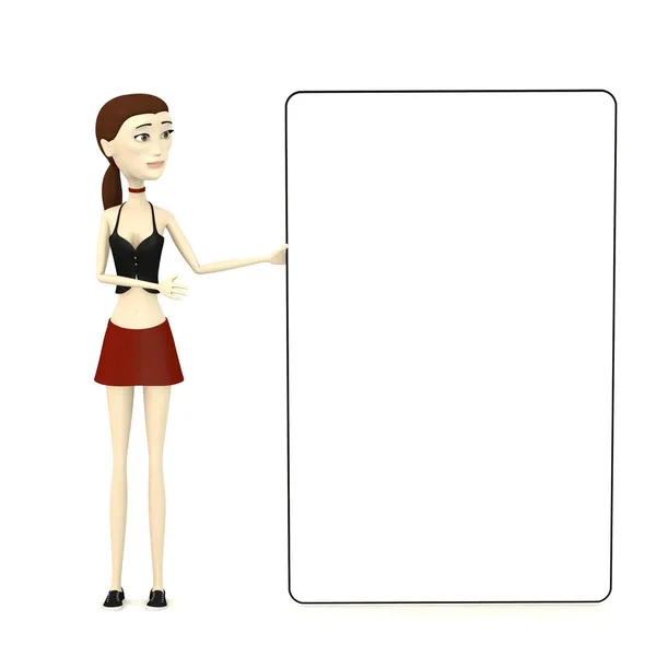 3d render of cartoon character girl in casual clothes with empty board — Stock Photo, Image