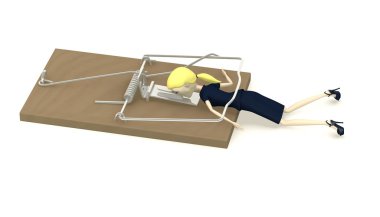 3D render çizgi film karakteri fare kapanı tarafından öldürüldü