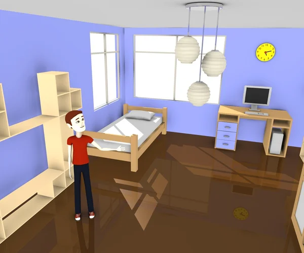 3D визуализация мальчика в голубой комнате — стоковое фото
