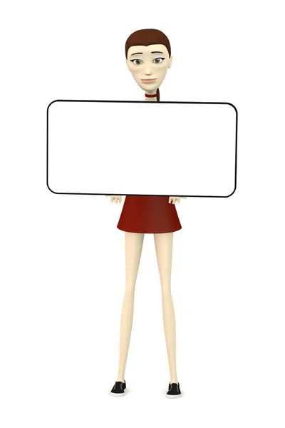 3d render of cartoon character girl in casual clothes with empty board — Stock Photo, Image