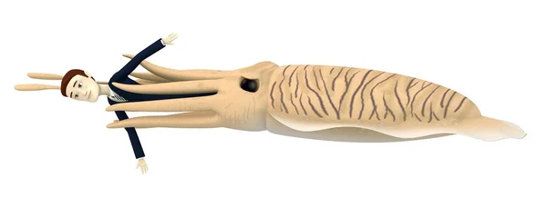 3D-Darstellung der Zeichentrickfigur, die von Tintenfischen gegessen wird — Stockfoto