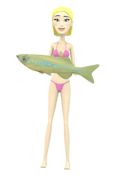3d render of cartoon character with fish — Stock Photo, Image