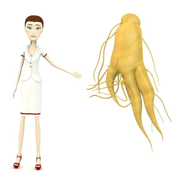 3d renderizado de personaje de dibujos animados con raíz de ginseng —  Fotos de Stock