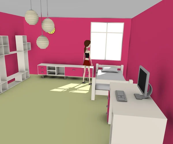 3D render van meisje in roze kamer — Stockfoto