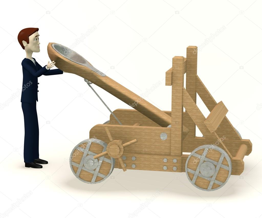 3d render of cartoon character with catapult