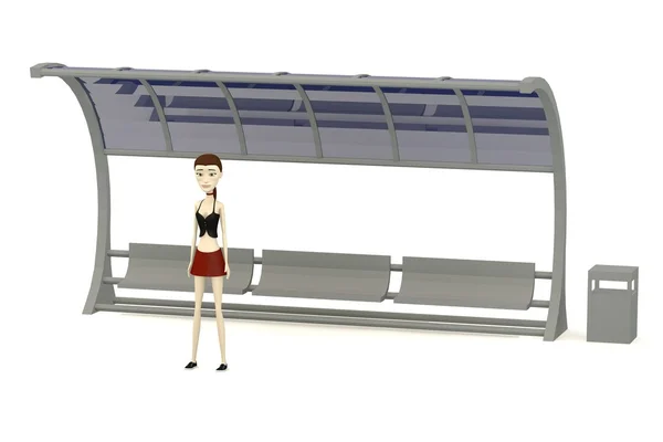 3D візуалізація персонажа мультфільму, який чекає на автобусній зупинці — стокове фото