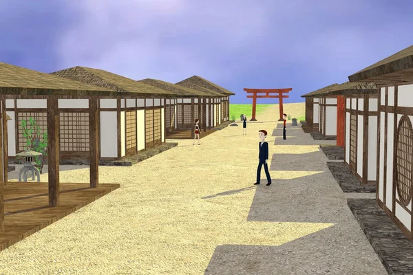 3D render rajzfilmfigurák japán falu — Stock Fotó