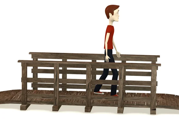 走在桥上的卡通人物的 3d 呈现器 — 图库照片