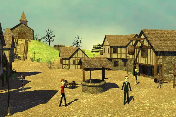 3D визуализация персонажей мультфильмов в средневековом городе — стоковое фото