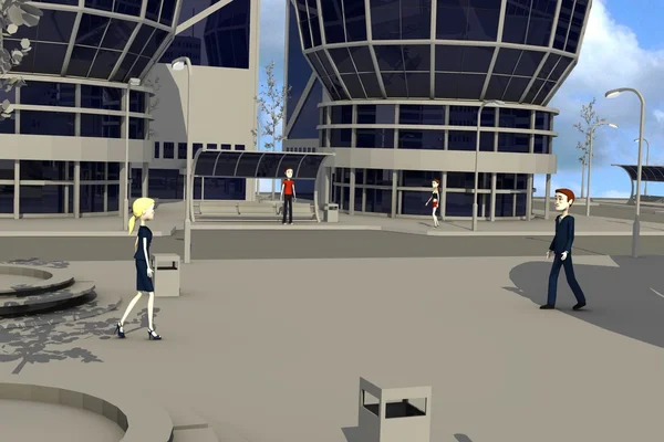 3D render van stripfiguren wandelen in moderne stad — Stockfoto