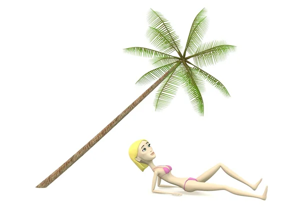 3d render of cartoon character relaxing under palm — Stock Photo, Image