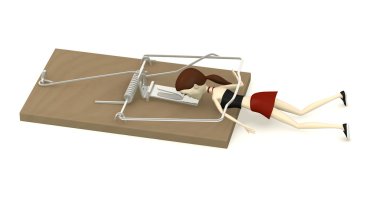 3D render çizgi film karakteri fare kapanı tarafından öldürüldü