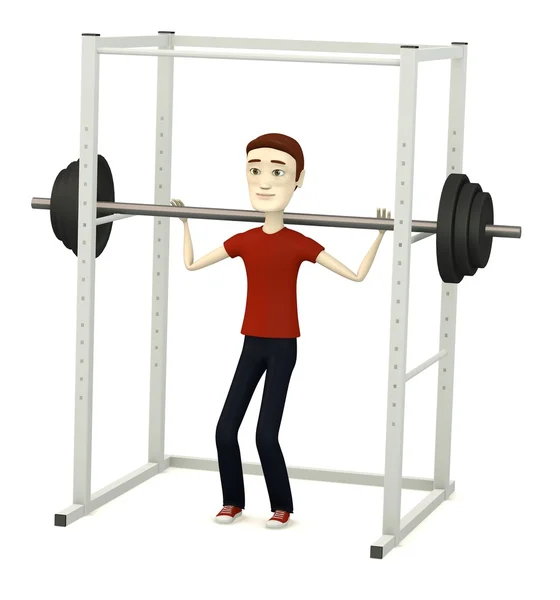 3D render van stripfiguur met barbell in kooi — Stockfoto