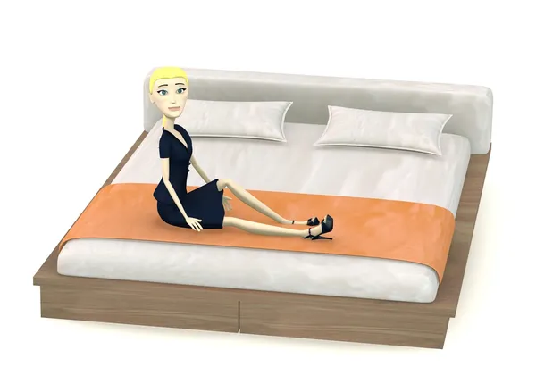 Renderização 3d de personagem de desenho animado na cama — Fotografia de Stock