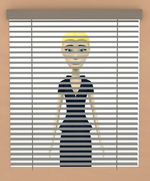 3D візуалізація мультиплікаційного персонажа за шторами — стокове фото