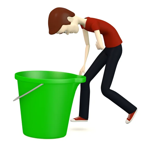 3d render of cartoon character with bucket — Stock Photo, Image