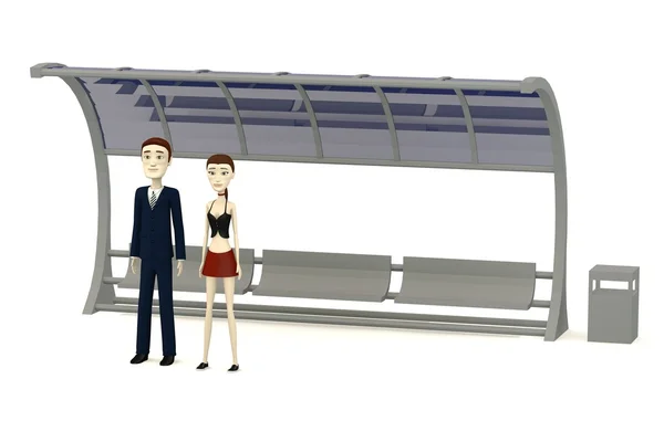 3D render karikatür karakter üzerinde otobüs durağı bekliyor — Stok fotoğraf