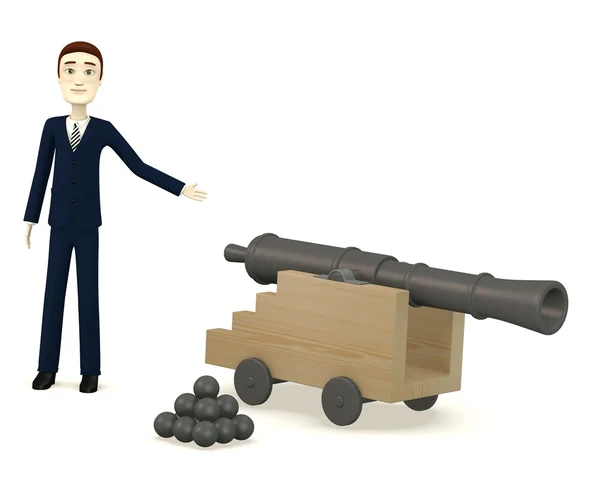 3d render of cartoon character with cannon — Stock Photo, Image
