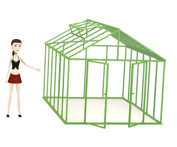 3d render of cartoon character with greenhouse — Stock Photo, Image