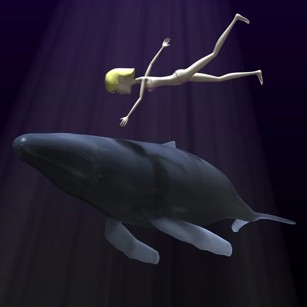 卡通人物与鲸鱼 3d 呈现器 — 图库照片