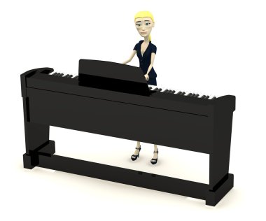 3D render çizgi film karakteri dijital piyano