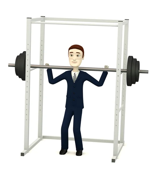 3d render of cartoon character with barbell in cage — Stock Photo, Image