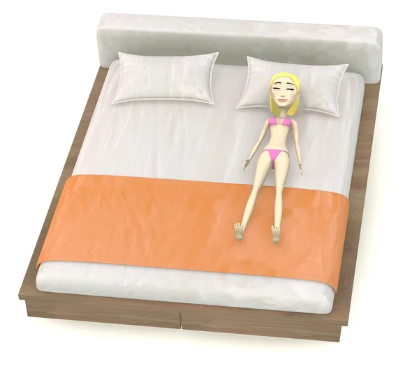 Rendering 3d del personaggio dei cartoni animati sul letto — Foto Stock