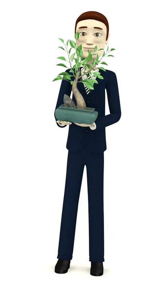 3D-Darstellung von Cartoon-Geschäftsmann mit Bonsai — Stockfoto