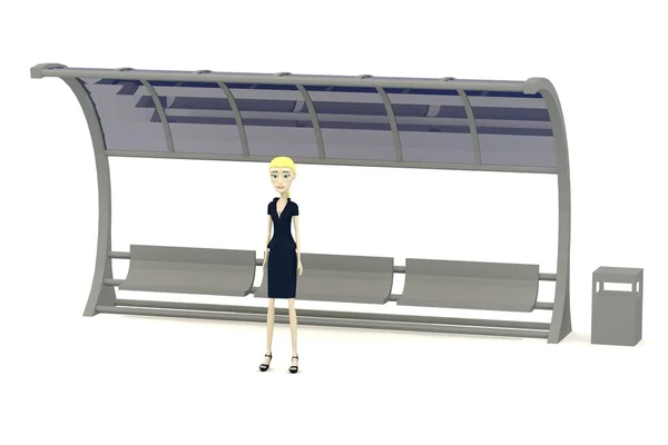 3D render av cartoon tecken väntar på busshållplats — Stockfoto