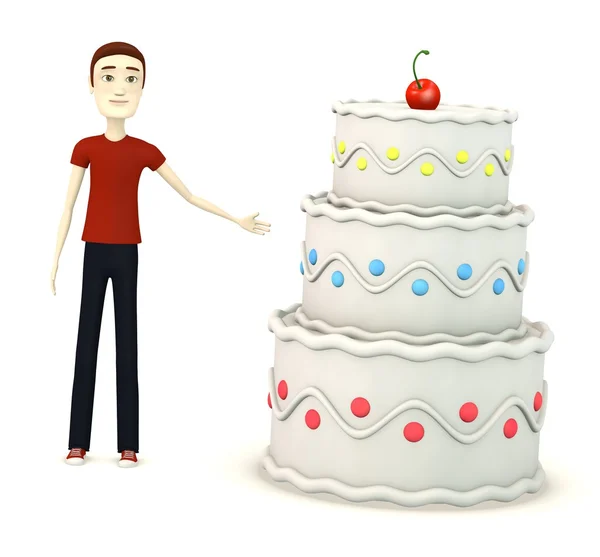 3D render van stripfiguur met cake — Stockfoto