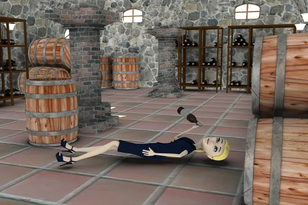 Renderização 3d de personagem de desenho animado bêbado na adega — Fotografia de Stock