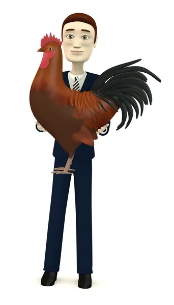 3d render of cartoon character with rooster — Stock Photo, Image