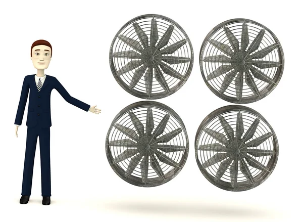 3d render of cartoon character with big fan — Stock Photo, Image