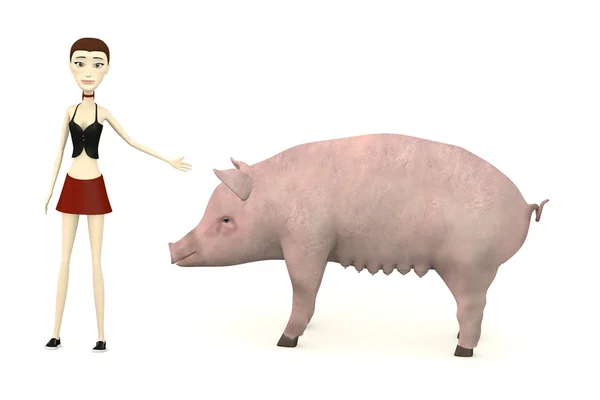 3d 呈现器的卡通人物与猪 — 图库照片