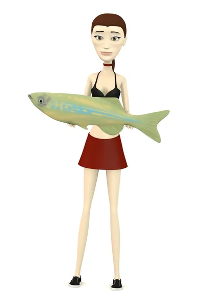 3d render of cartoon character with fish — Stock Photo, Image