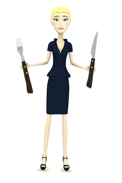 3d render of cartoon character with fork and knife — Stock Photo, Image