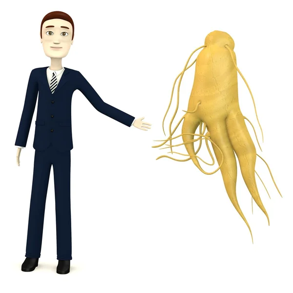 3d render of cartoon character with ginseng root — Stock Photo, Image