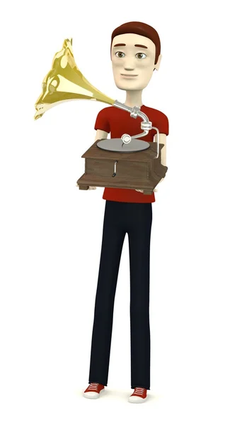 3d render of cartoon character with gramophone — Stok fotoğraf