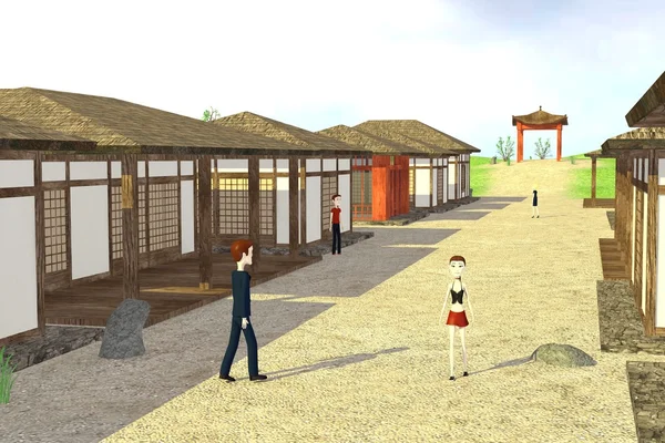 3d render of cartoon characters in japanese village — Stock Photo, Image