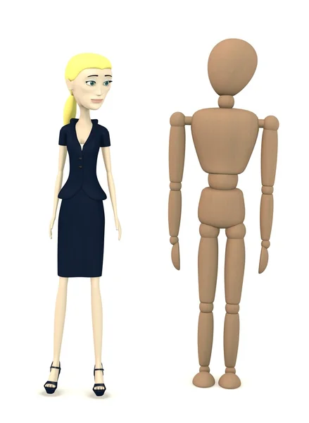 3D визуализация персонажа мультфильма с манекеном — стоковое фото