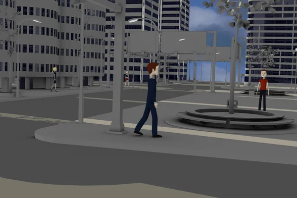 走在现代城市中的卡通人物的 3d 呈现器 — 图库照片
